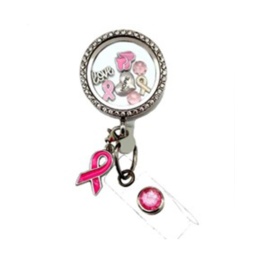 Pink Ribbon Floating Charm Badge Reel